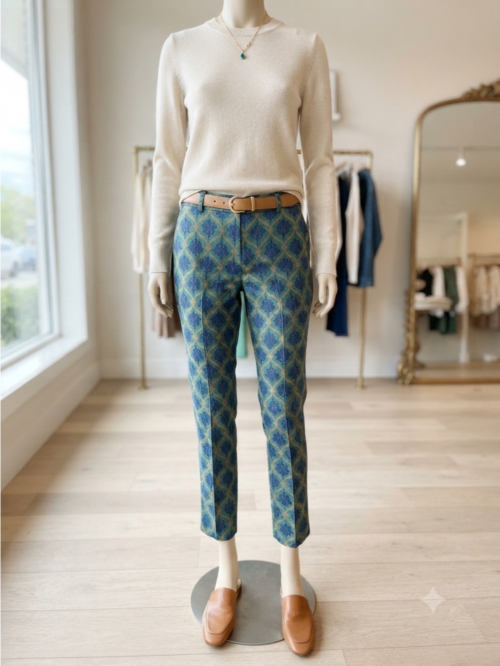 Janasya Women’s Patterned Green and Blue Trousers